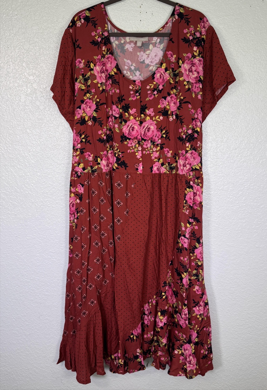 Woman Within Dress Womens 38 W Petite Floral Polka Dot Patchwork Midi Rayon Boho